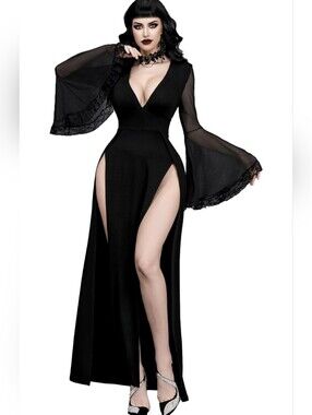 Women Gothic V Neck High Slit Witch Sleeve Lace Patchwork Ghost Bridal Goth